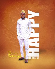 a man standing in front of a happy birthday sign