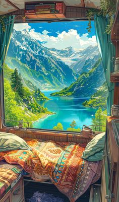 a painting of a bedroom with a view of the mountains and lake through an open window