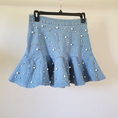 Super Cute Jean Skirt With Pearls Studded Blue Denim Skirt For Spring Party, Blue Denim Skirt For Summer Parties, Spring Party Denim Skirt, Casual Blue Denim Party Skirt, Blue Denim Tiered Mini Skirt, Blue Mini Denim Skirt With Ruffles, Blue Ruffled Mini Denim Skirt, Skirt With Pearls, Cute Jean Skirt