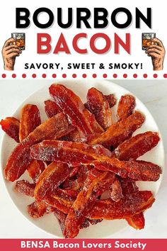 A dozen strips of bourbon candied bacon on a white serving dish. Whiskey Candied Bacon, Bourbon Candied Bacon, Billionaire Bacon Recipe Twin Peaks, Oven Bacon Recipes, Vanilla Bourbon Bacon Lollipops, Peppered Bacon Recipes, Bourbon Bacon Brittle Recipe, Cooked Bacon Recipes, Flavored Bacon Recipes