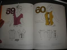 an open book with drawings of women's clothing and numbers on the front page