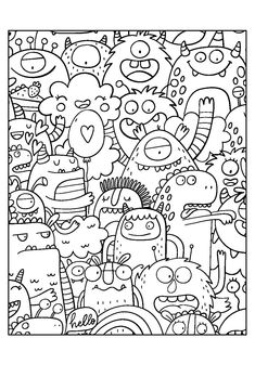 a coloring page with many different cartoon characters