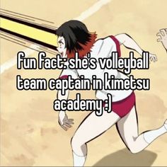 an anime character running with the caption fun fact she's volleyball team captain in kimetsu academy