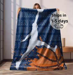 a woman holding up a basketball towel with the words ships in 15 days