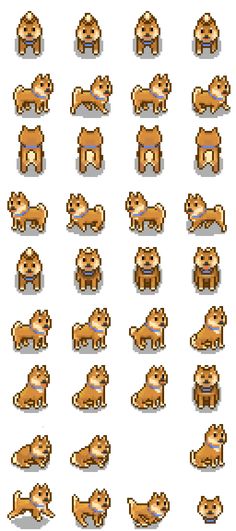 an image of pixelated dogs with different expressions on their faces and body shapes, all in