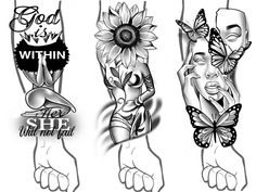 three tattoos with different designs on each arm and one has a sunflower in the middle