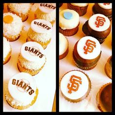 cupcakes with giants and giants on them are shown in two different pictures, one is white and the other is brown