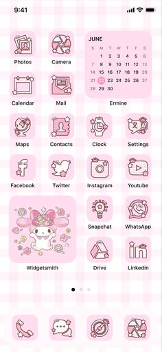 the hello kitty calendar is displayed in pink and white checkered paper with different symbols on it