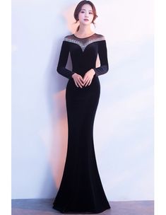 Shop sophisticated velvet long-sleeved mermaid gown with bling neckline online. Sheprom offers formal, party, casual & more style dresses to fit your special occasions. Black Long Sleeve Gown For Banquet, Long Sleeve Mermaid Dress With Sweep Train For Evening, Fitted Long Sleeve Winter Gown, Black Long Sleeve Mermaid Dress For Party, Formal Long Sleeve Mermaid Dress With Sweep Train, Black Long Sleeve Mermaid Dress With Sweep Train, Fitted Long Sleeve Evening Dress With Back Zipper, Elegant Black Long Sleeve Mermaid Dress, Black Long Sleeve Mermaid Dress For Evening