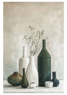 an oil painting of vases and flowers on a white tablecloth with grey background