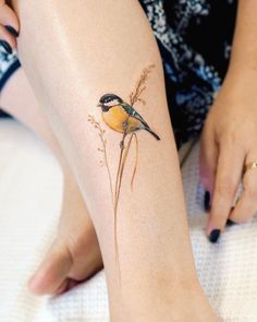 a small bird sitting on top of a plant next to a woman's leg