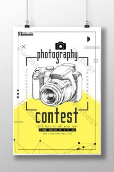 a yellow poster with the words photography contest on it and an image of a camera