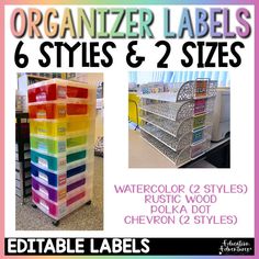 an advertisement for organized labels and styles & 2 sizes