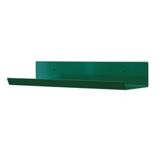 a green shelf with two hooks on it