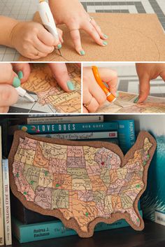 a collage of photos showing the map of the united states with markers and pens