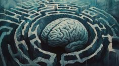 a painting of a brain surrounded by mazes