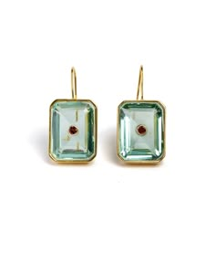 Tile Earrings in Aqua. Gold-plated brass earwires with light aqua rectangular glass stones and tiny faceted garnet. Gold Crystal Earrings With Gemstone Accents As Gift, Gold Plated Earrings With Gemstone Accents As Gift, Aqua Tiles, Tile Earrings, Green Amethyst Ring, Photo Gold, Aqua Glass, Hoop Charms, Lizzie Fortunato