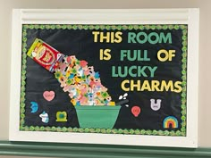 this room is full of lucky charms on a bulletin board with the words,'this room is full of lucky charms '