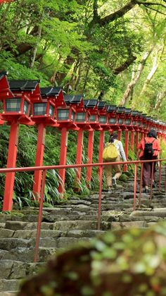 two people walking up some steps in the woods with lanterns on them and trees behind them