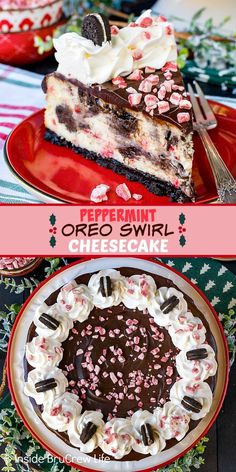 peppermint oreo swirl cheesecake on a red plate