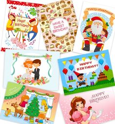 four different greeting cards with cartoon characters on them