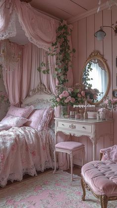 a pink bedroom decorated in shabby chic style with roses on the bed and dressing table