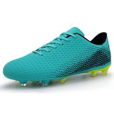 a blue soccer shoe with yellow spikes on the bottom and green soles, against a white background