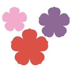 three different colored flower shapes on a white background, one is pink and the other is purple