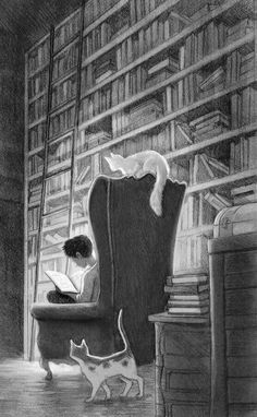 a drawing of a person sitting in a chair with a cat and bookshelf behind them