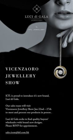 an advertisement for the jewelry show with a woman's face and necklace on it