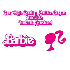 the logos for barbie's hair products are shown in pink and white, as well as