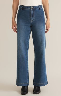 We're excited to debut this chic mid-rise wide leg trouser, crafted from premium heavyweight denim for a sophisticated look and durable feel. With patch pockets at the back, a structured waistband, and wide hem detail, these full-length trousers offer timeless style. High rise Full length Zip fly with button closure Back Pockets Midweight Wide leg Knit Denim: 92% Cotton, 7% Polyester, 1% Spandex Vintage Indigo Denim Wide Leg, Perfect White Tee, Knit Denim, Denim T Shirt, Vintage Indigo, Denim Trousers, Wide Leg Denim, Romper Pants, Denim Pant