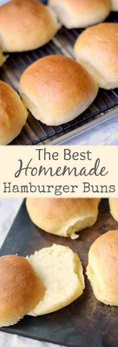 the best homemade hamburger buns on a cooling rack with text overlay that reads, the best homemade hamburger buns