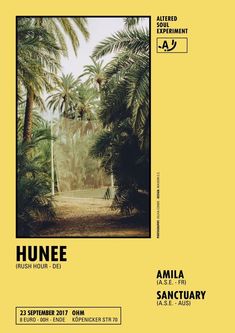 an image of a poster with palm trees in the background and text that reads,'hungee music hour '