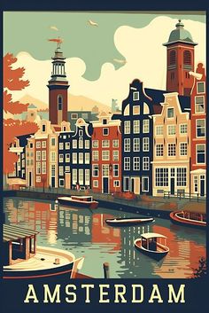 an image of amsterdam with boats on the water and buildings in the background, vintage style poster