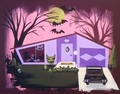 a painting of a purple house with cats and bats on the roof, next to a black car