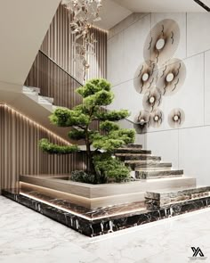 a bonsai tree sitting on top of a marble platform in front of a staircase