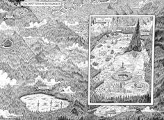 a black and white drawing of a landscape