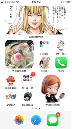 an iphone screen with various avatars and icons on the phone, including anime characters