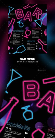 the back side of a menu with neon colors on it and an image of a bar sign