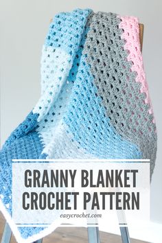 a crocheted blanket sitting on top of a chair with the text granny blanket croche