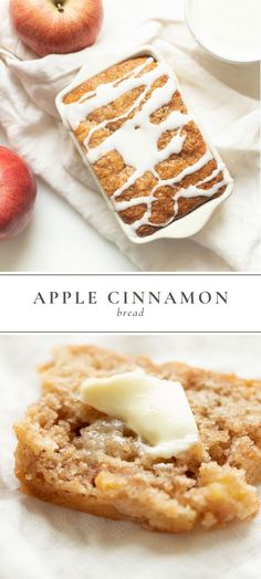 apple cinnamon bread with white icing on top and an apple next to it,