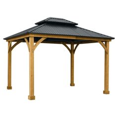 a wooden gazebo with black roof on a white background