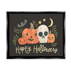 a black framed halloween card with two pumpkins and a skull