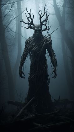 a creepy looking creature standing in the middle of a forest with lots of branches on his head