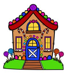 a cartoon house with candy and candies on the front door, surrounded by grass