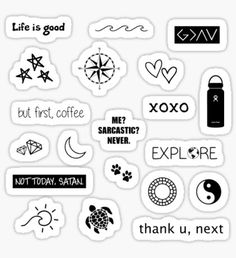 various stickers with different words and symbols on them, all in black and white