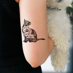 a woman with a cat tattoo on her arm next to a teddy bear and plant