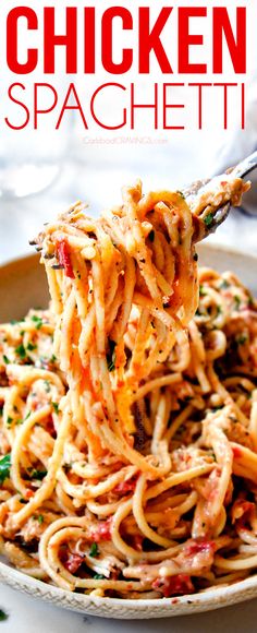 a fork full of chicken spaghetti on top of a white plate with the title above it