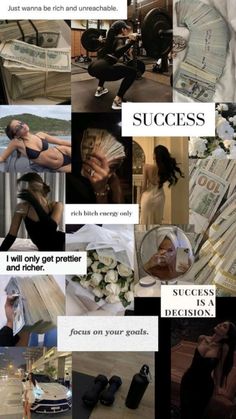 a collage of photos with words and pictures on them that say success, i will only get prettier and higher